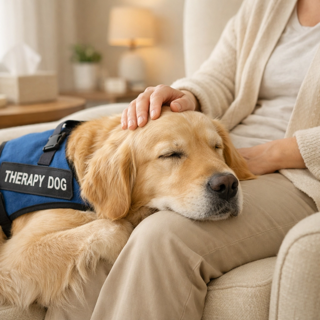 Therapy dog Golden Retriever providing emotional support and comfort to person in therapeutic setting