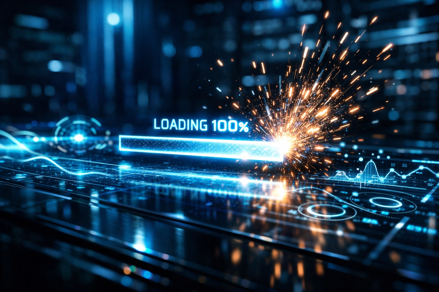 Digital dashboard showing high-speed data transfer and website performance metrics.