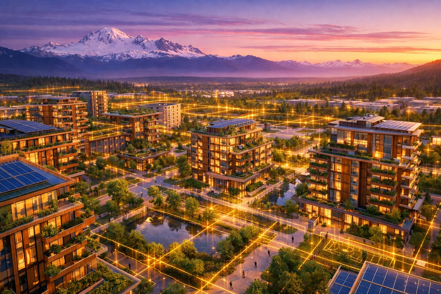 Sustainable Canadian urban housing development with modern architecture and visionary infrastructure planning.