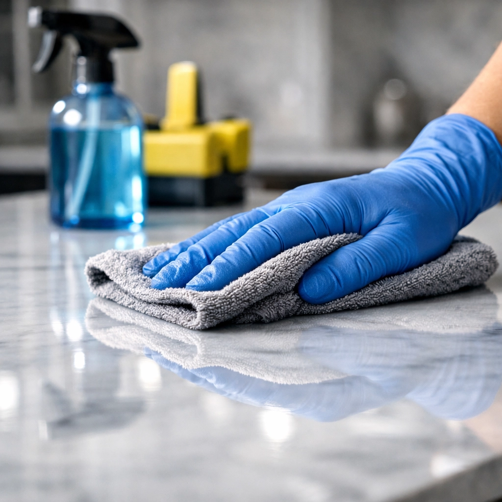 Expert house cleaning by top rated house cleaners near me polishing a luxury marble kitchen countertop to a mirror shine.