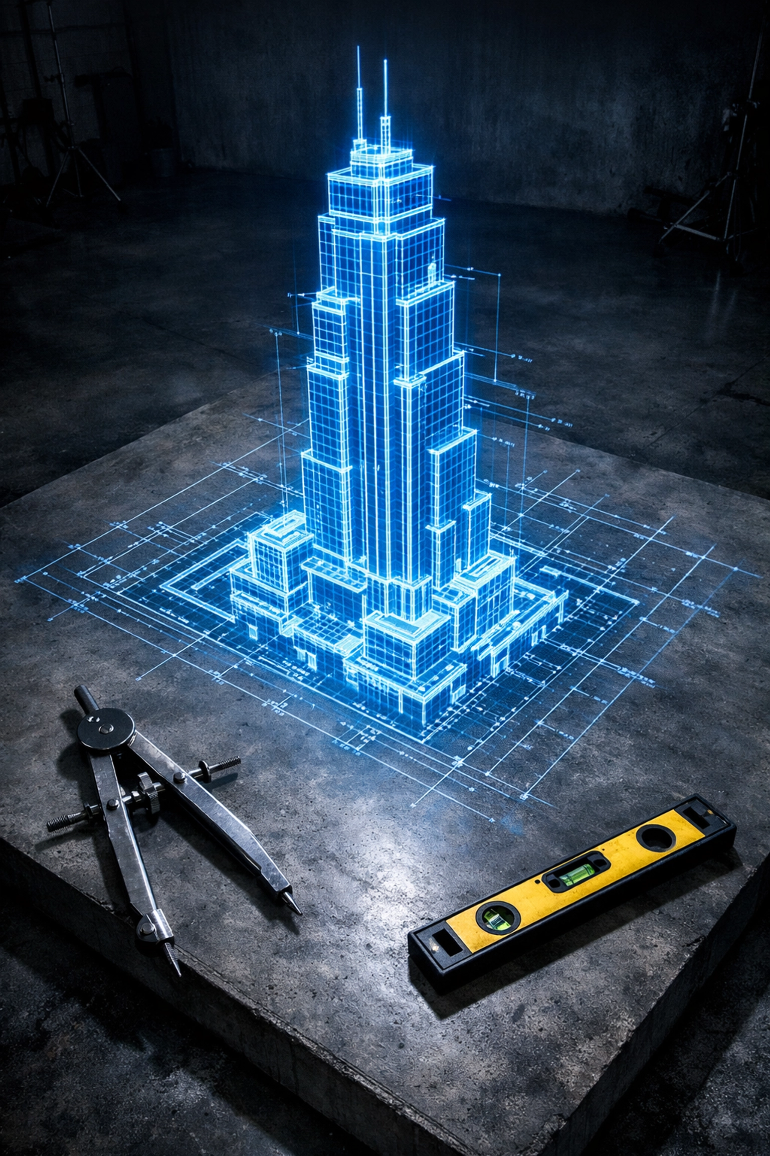 Digital blueprint on a concrete foundation representing the solid business structure required for scaling.
