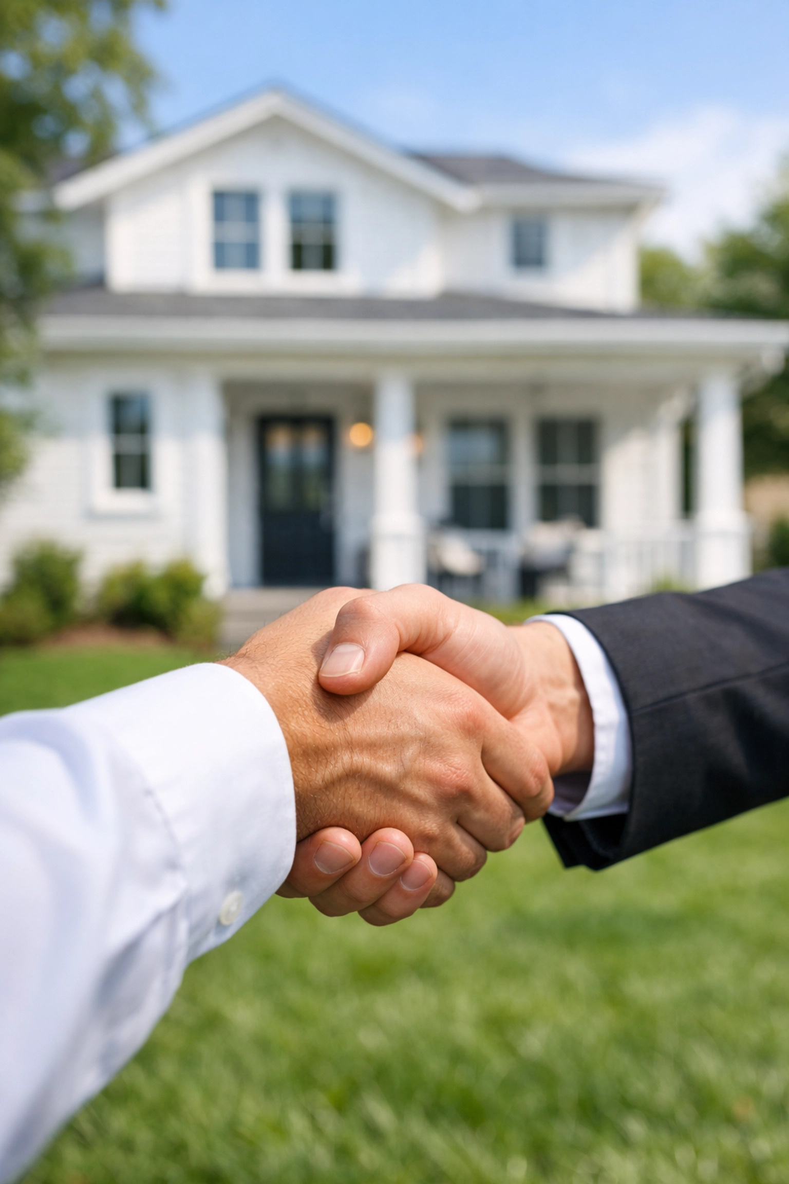 A professional handshake in front of a finished flip representing a Tennessee financing partnership.