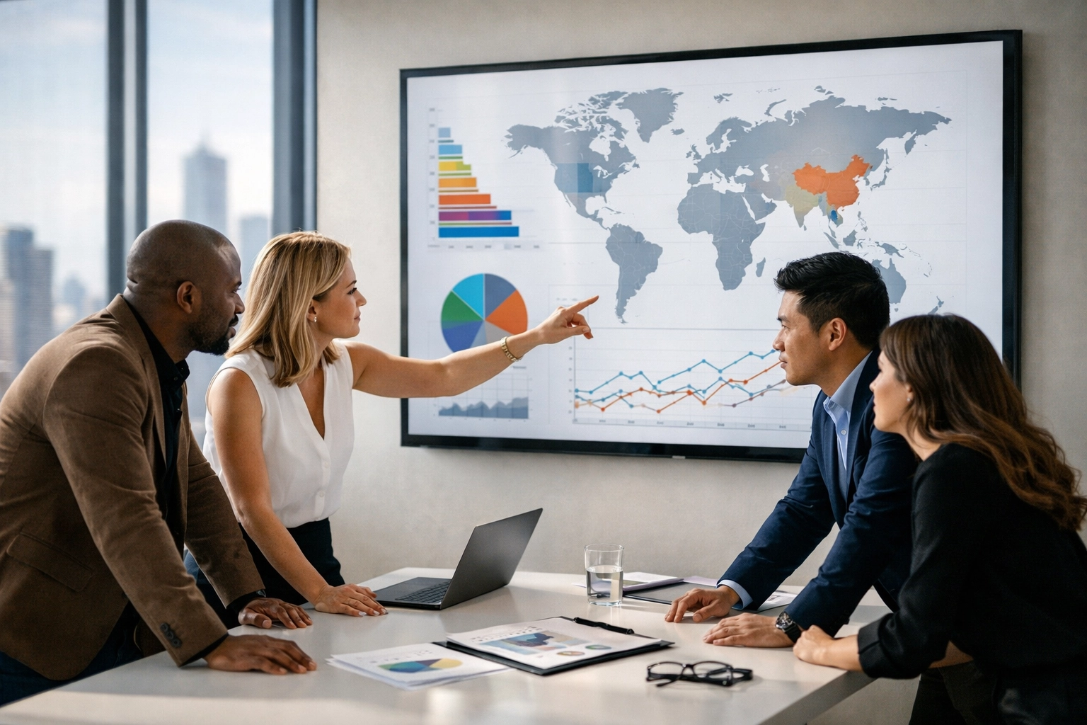 A diverse team of strategists at Dakdan Worldwide analyzing global market data for brand scaling.