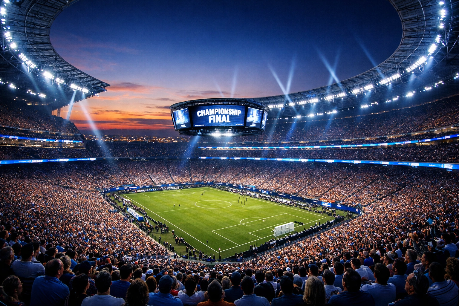 Modern sports stadium packed with fans at dusk, representing the massive reach of a Super Bowl branding blitz.