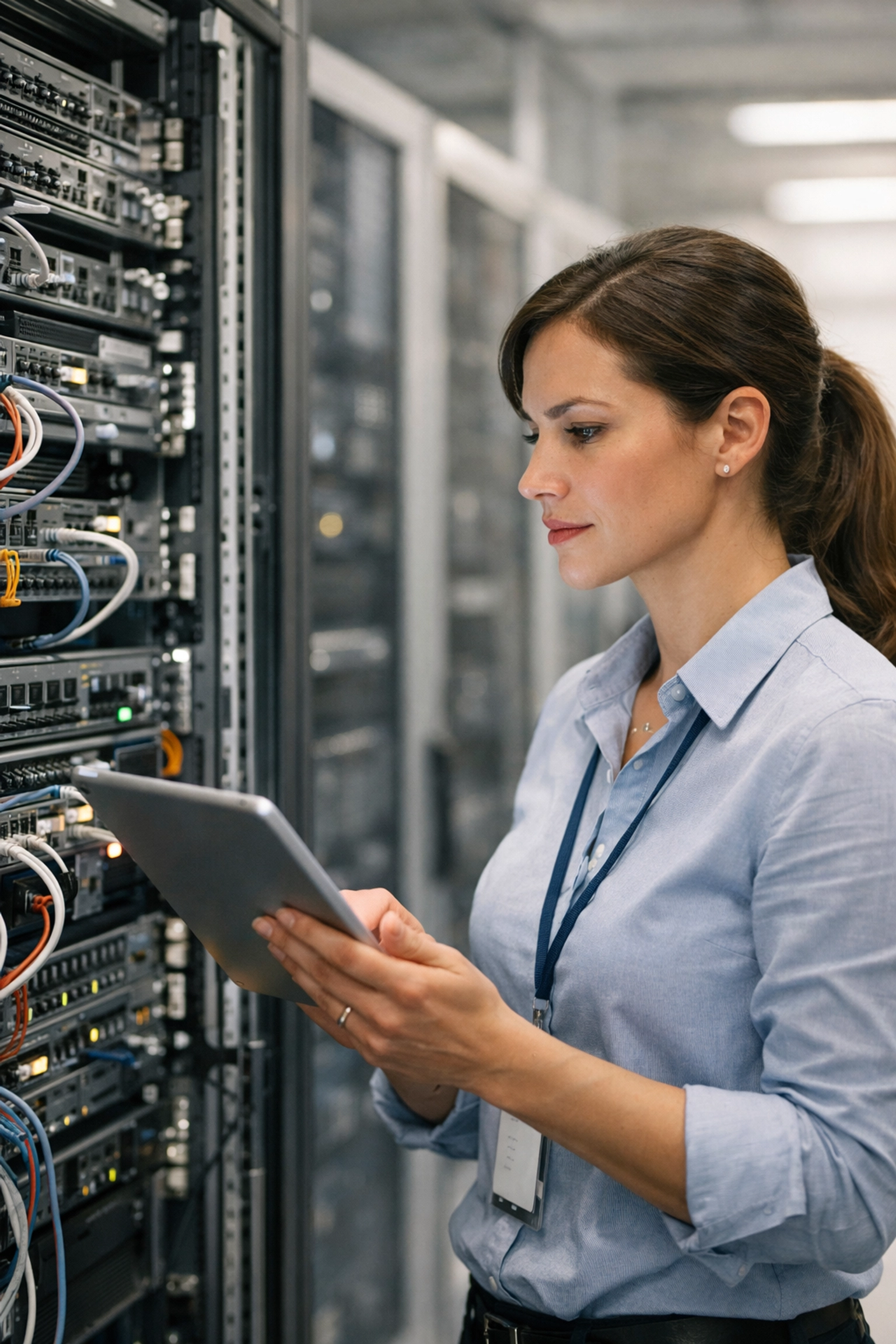 ServiceNow ITOM specialist validating hardware classification in a clean, modern data center environment.