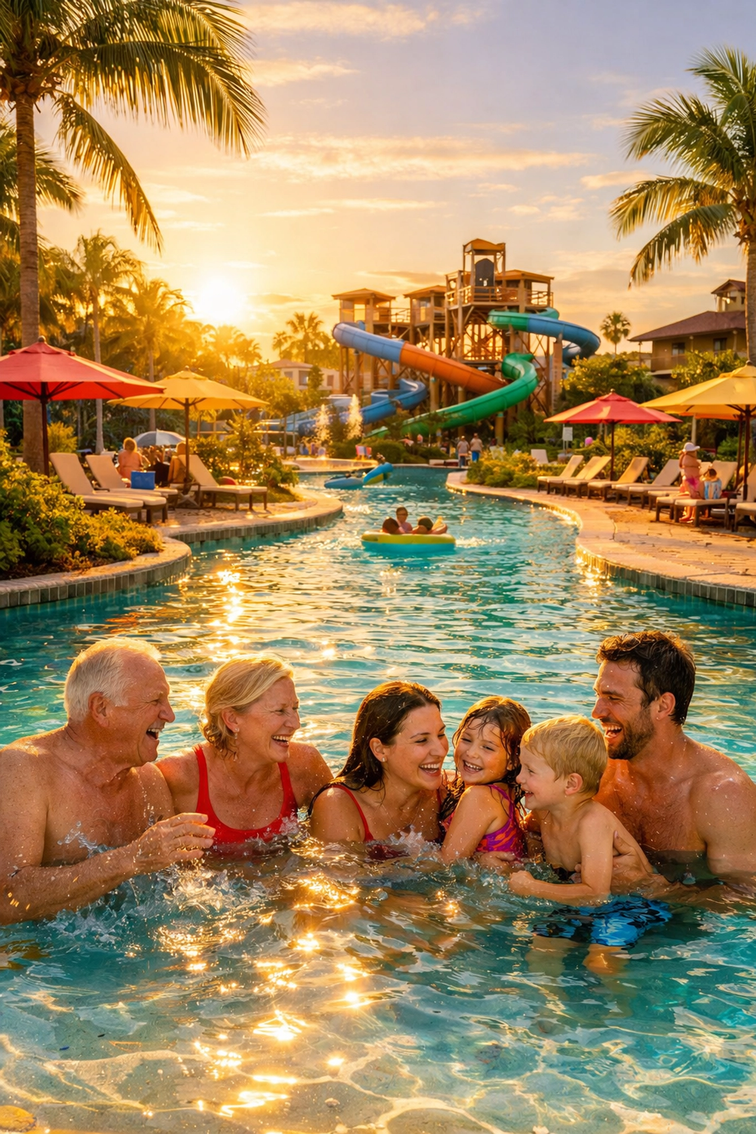 Multi-generational family enjoying a luxury all-inclusive resort water park and lazy river.
