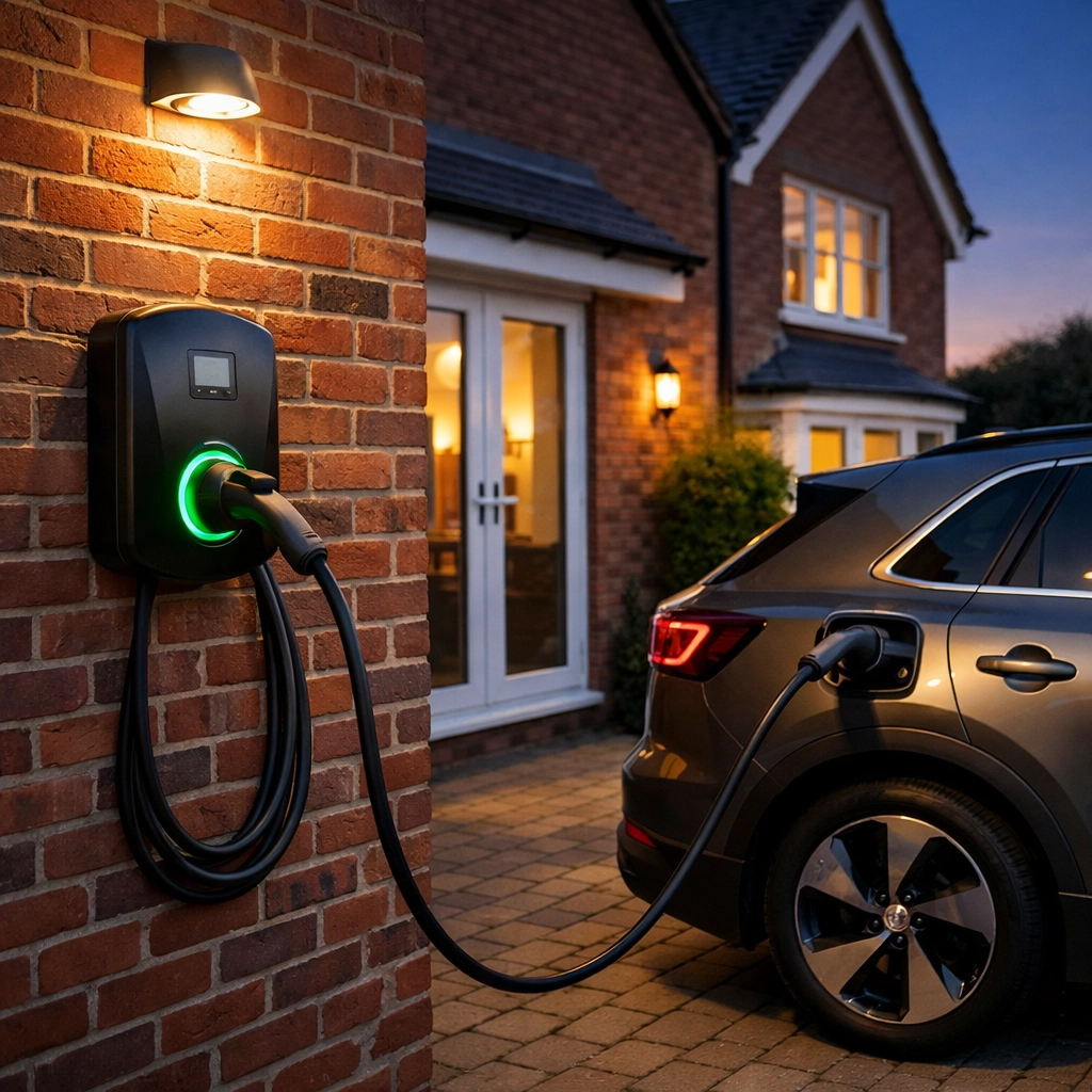Smart EV charging point installed by electricians in Poole to take advantage of off-peak energy rates.