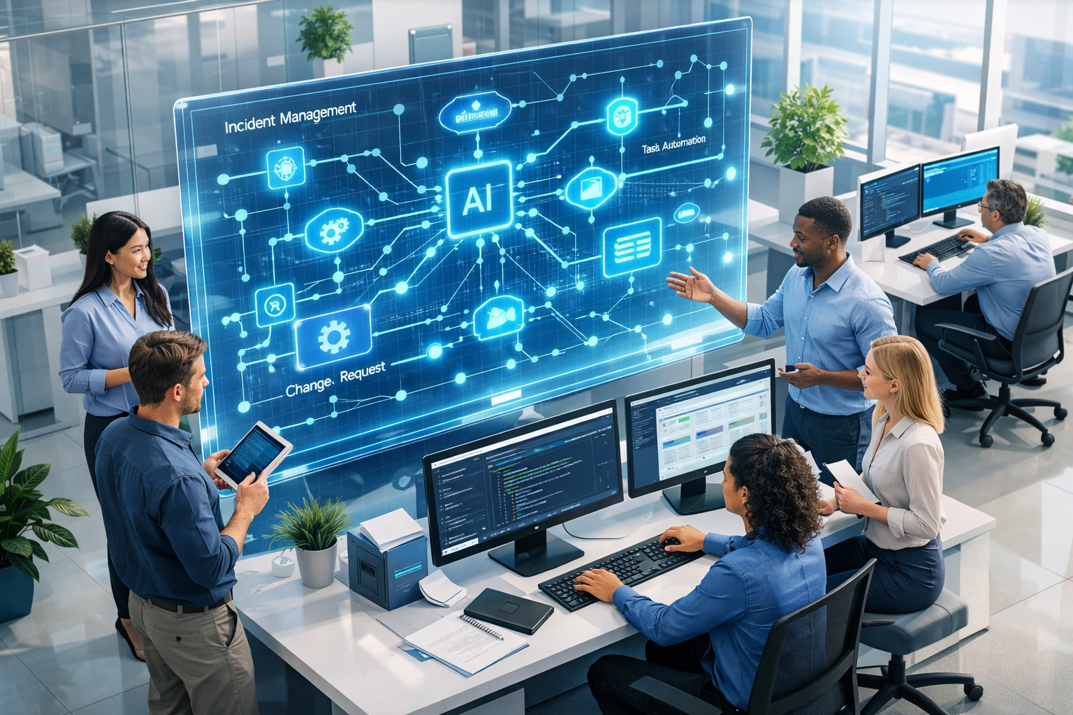 ServiceNow consulting team collaborating on ITOM implementation and workflow automation project