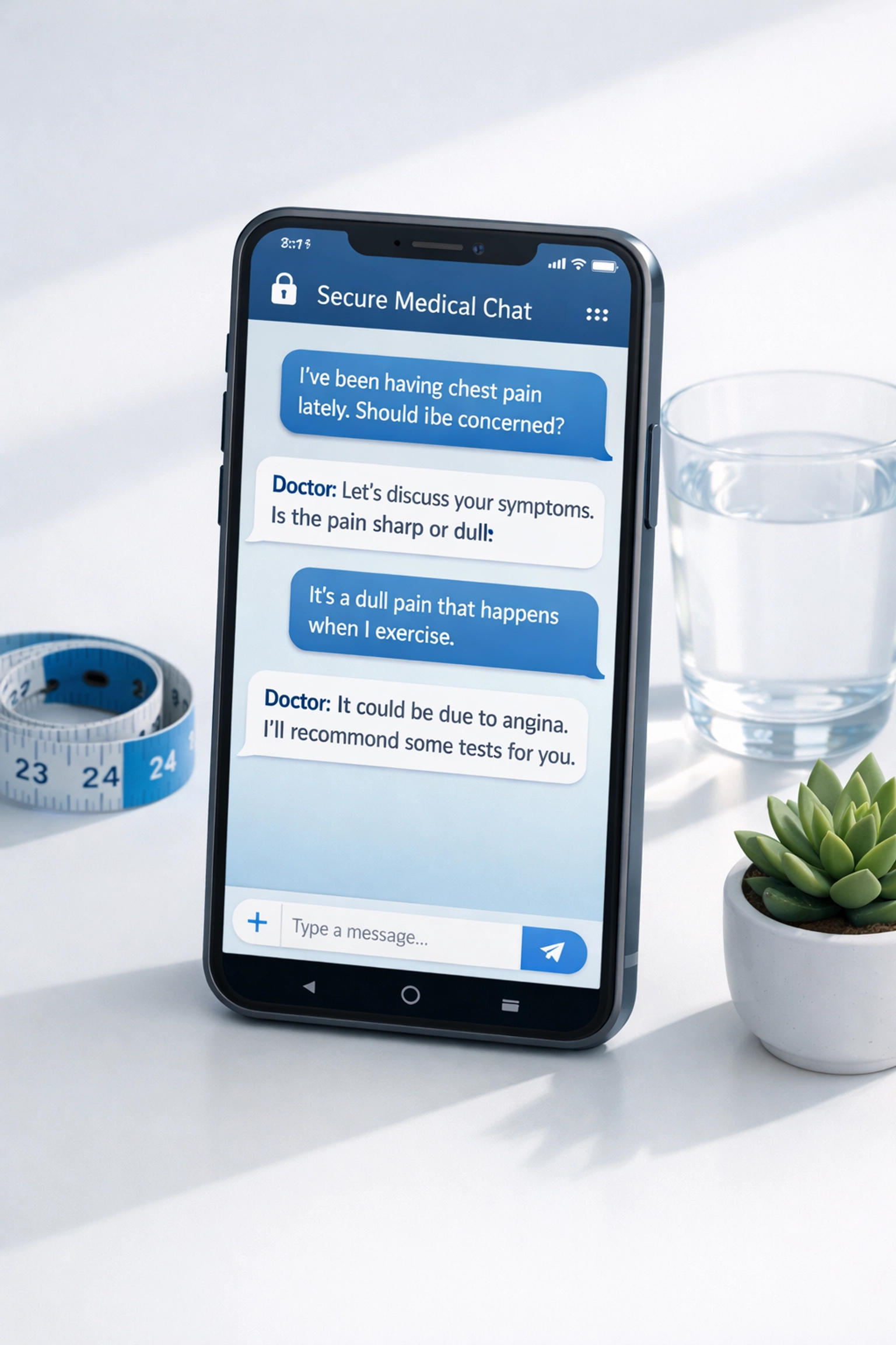 Smartphone displaying online Wegovy consultation chat with doctor on minimalist desk with wellness items