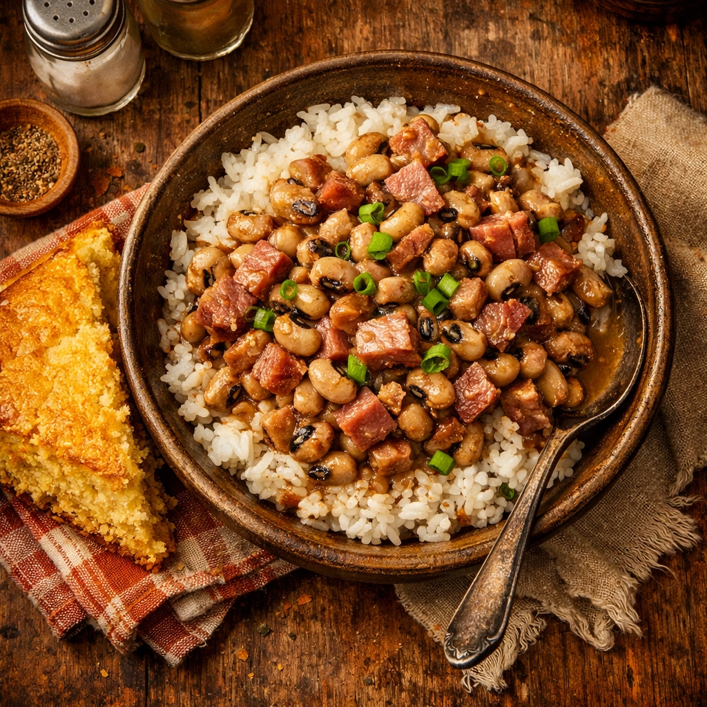 Hearty Southern Hoppin’ John with black-eyed peas and a side of golden-brown skillet cornbread.