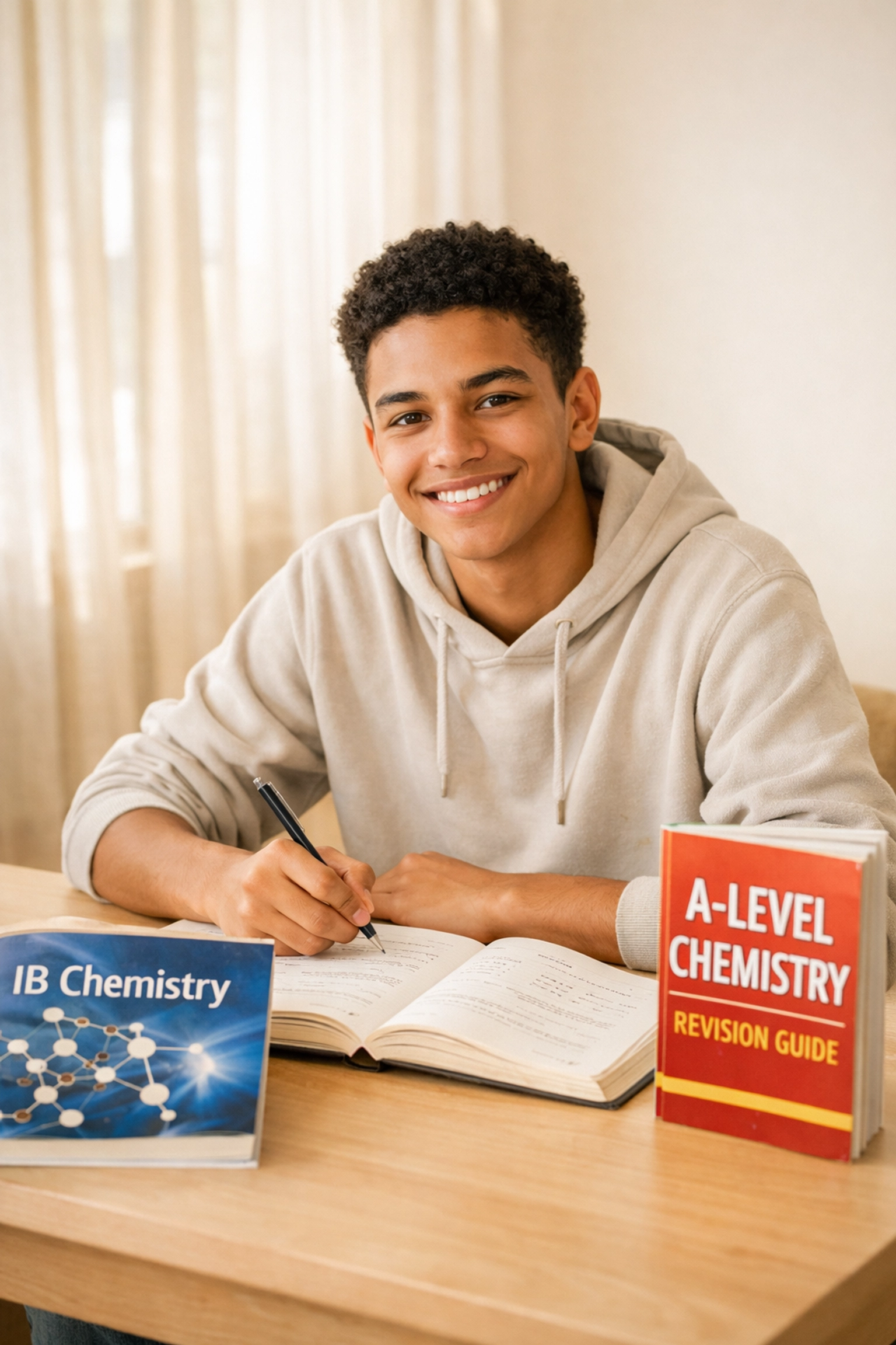 Confident student studying with both IB Chemistry and A-Level Chemistry textbooks on desk