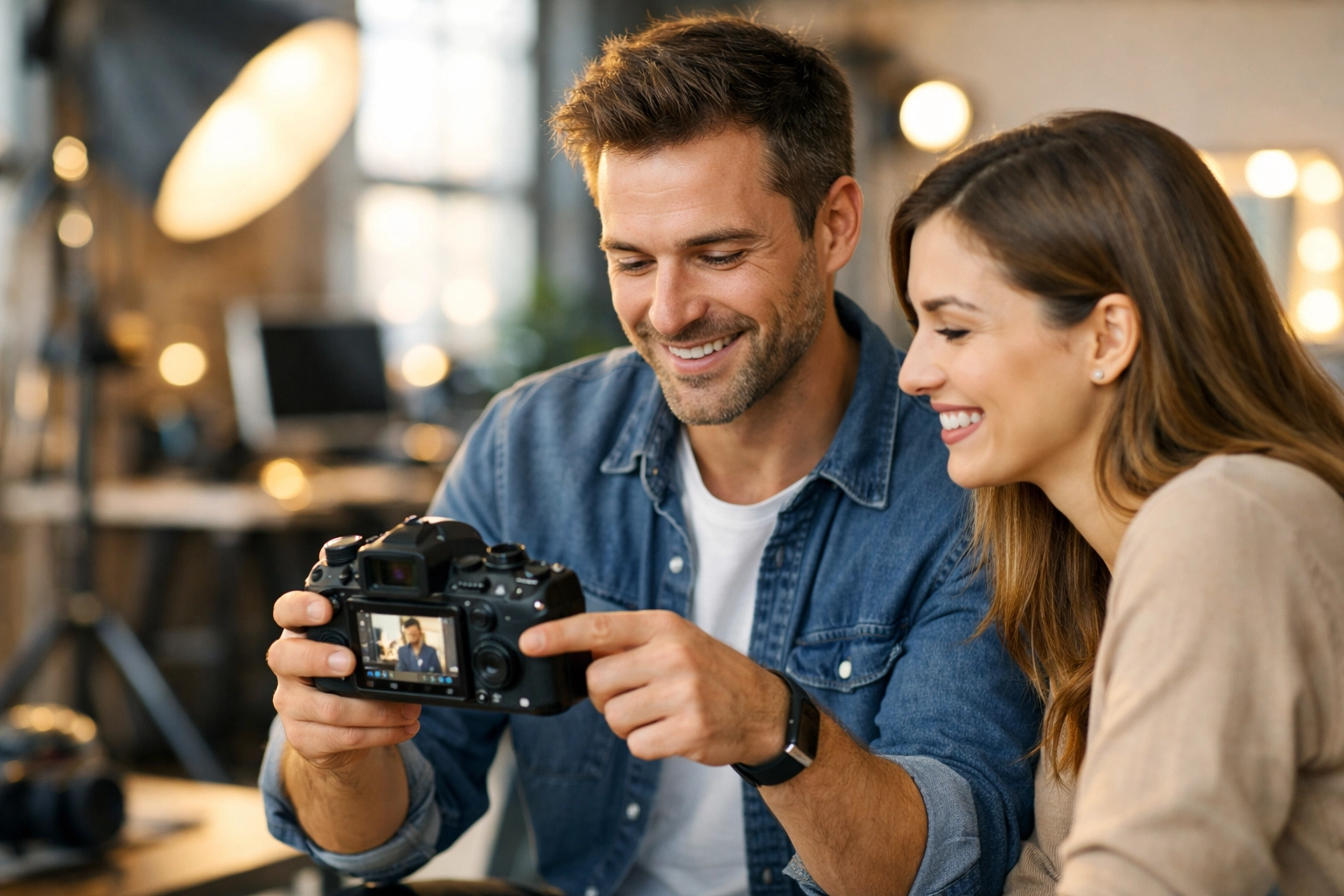 Professional photographer showing a client images in a studio to build trust and credibility.