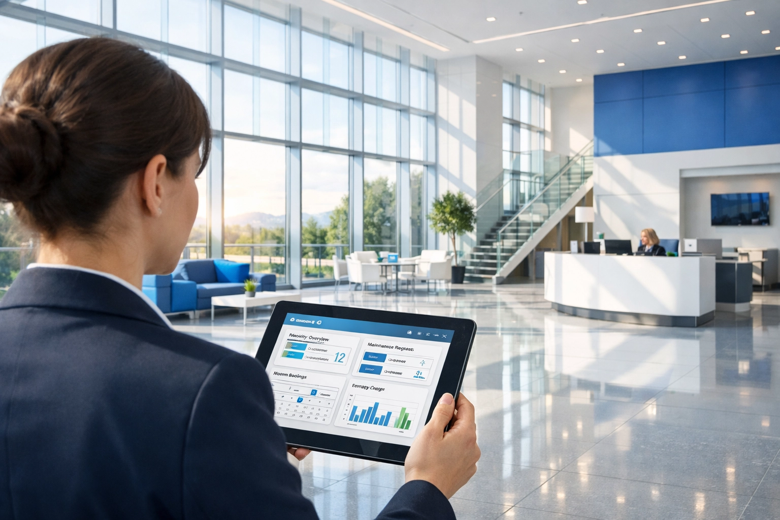 Facilities coordinator managing a bright corporate lobby in Scotland through a digital dashboard.