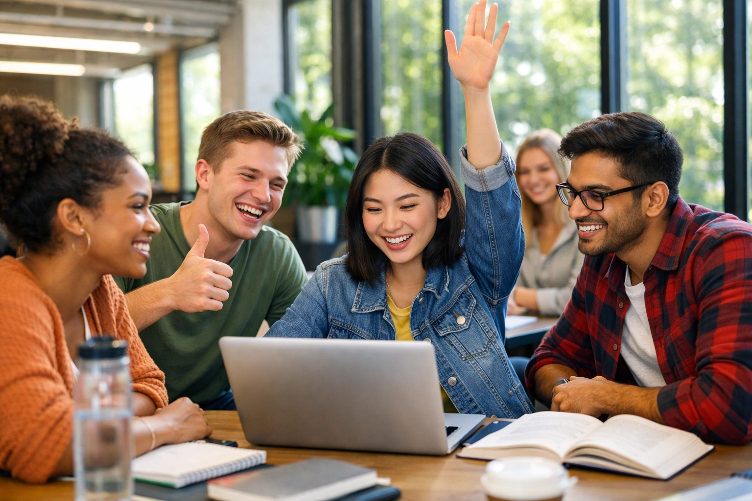 Students collaborating successfully with structured CLEP test prep guidance (1x1, center safe zone)