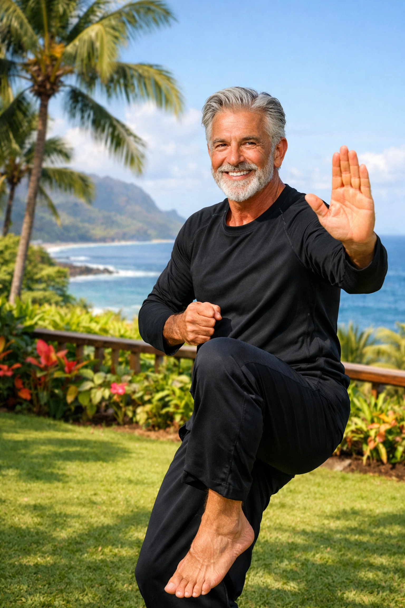 A fit Chuck Norris practicing martial arts in Kauai, reflecting his commitment to health at 86.