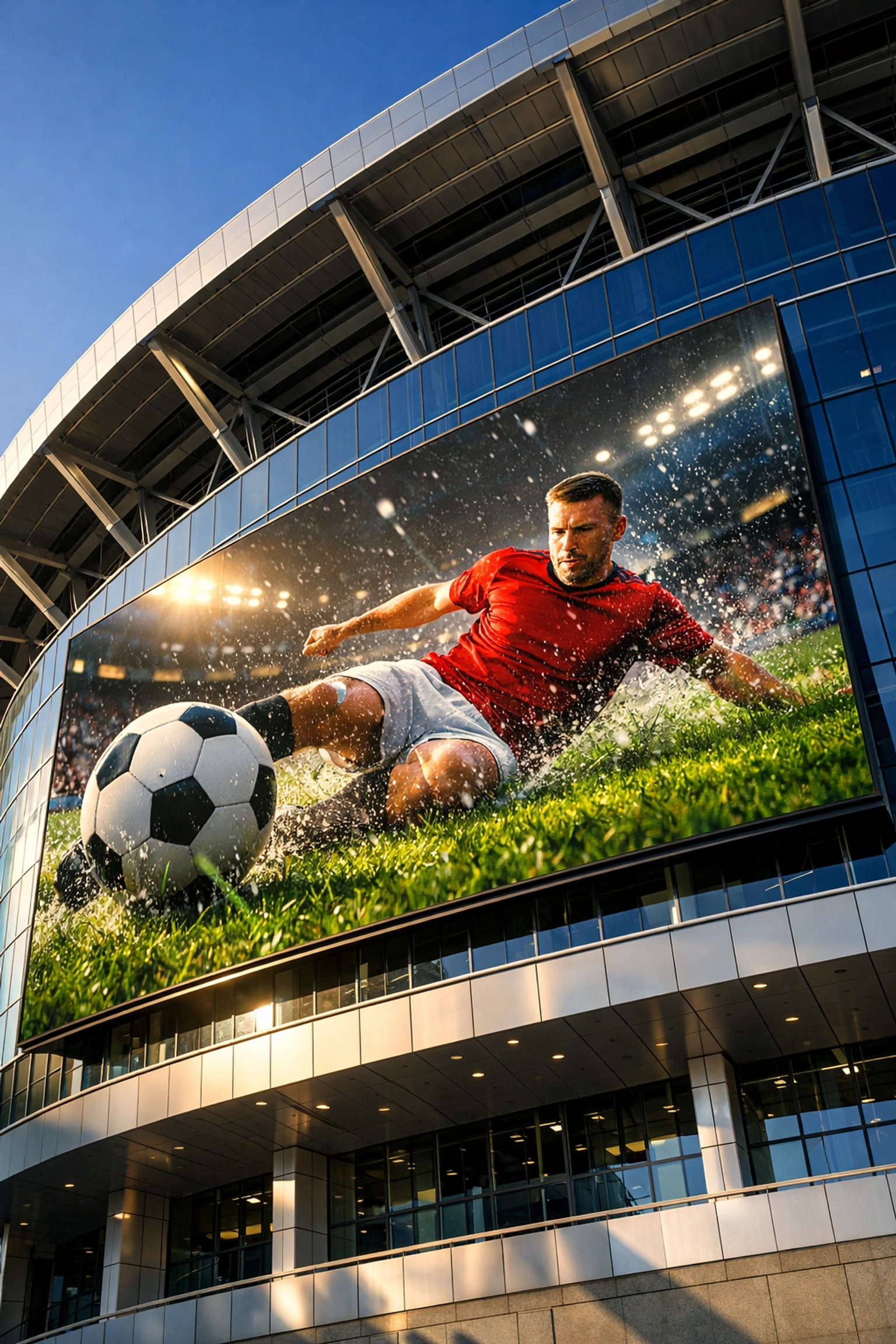 Large digital billboard on a modern sports arena exterior displaying dynamic programmatic sports marketing content.
