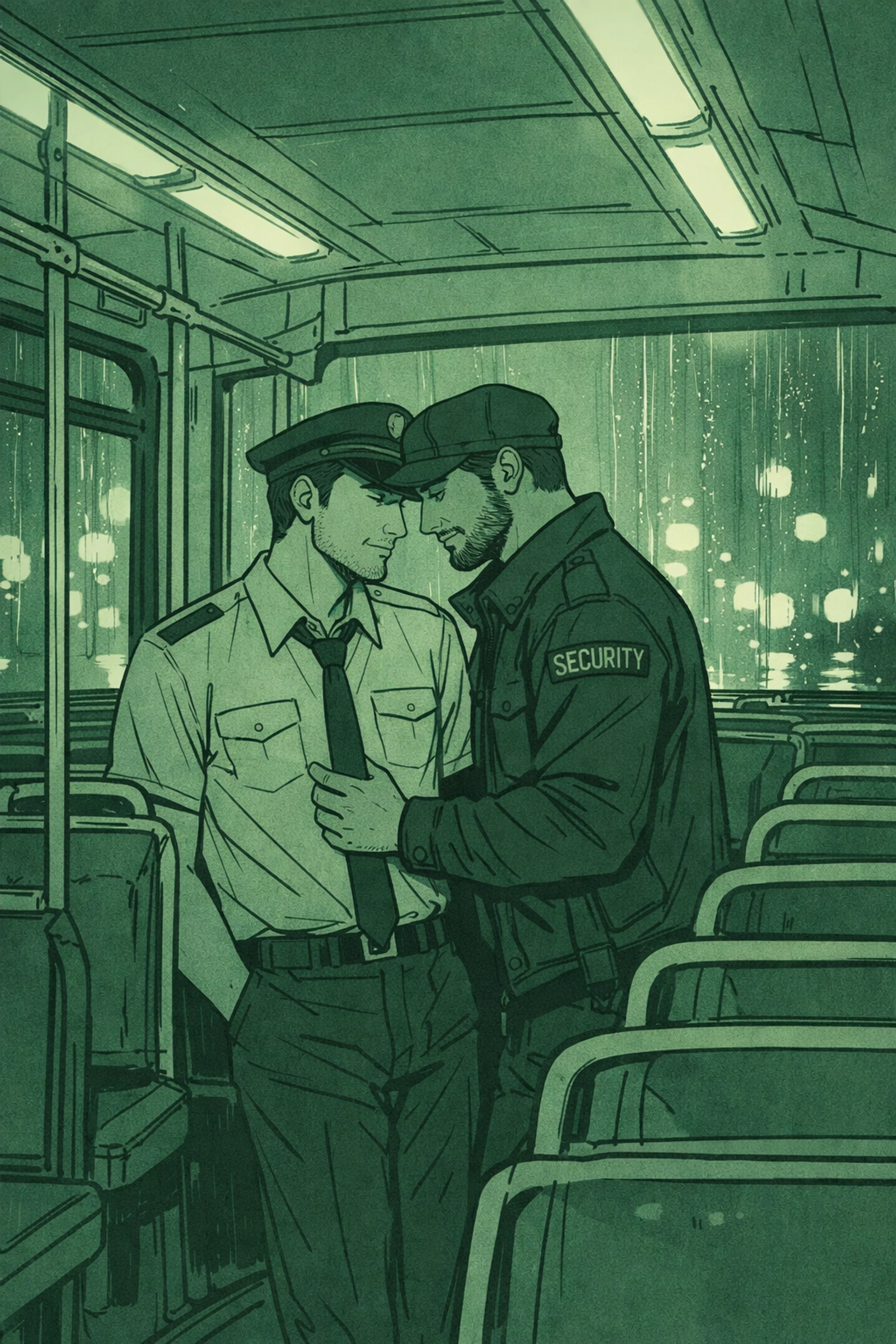 Bus driver and security officer share quiet moment on empty night bus in MM romance story