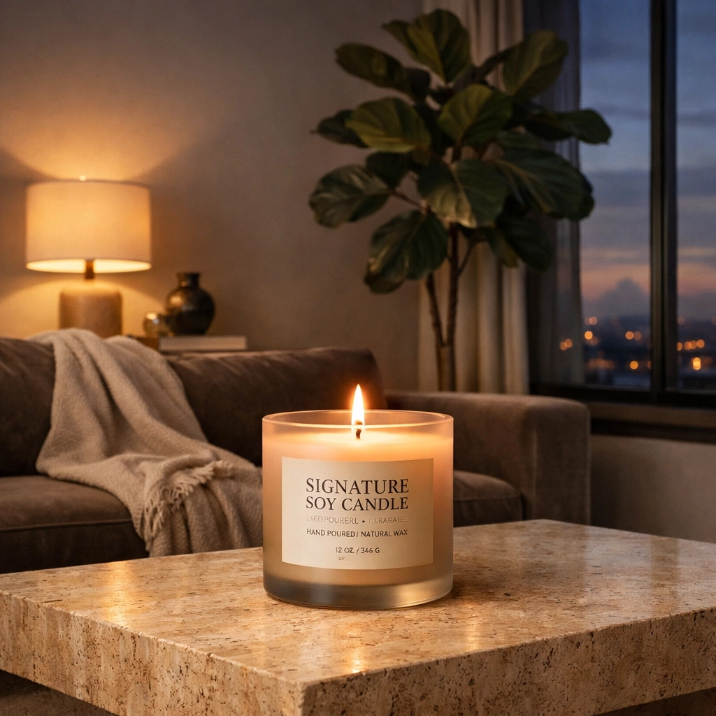 Signature soy candle on a travertine table in a modern living room for safe and stylish placement.