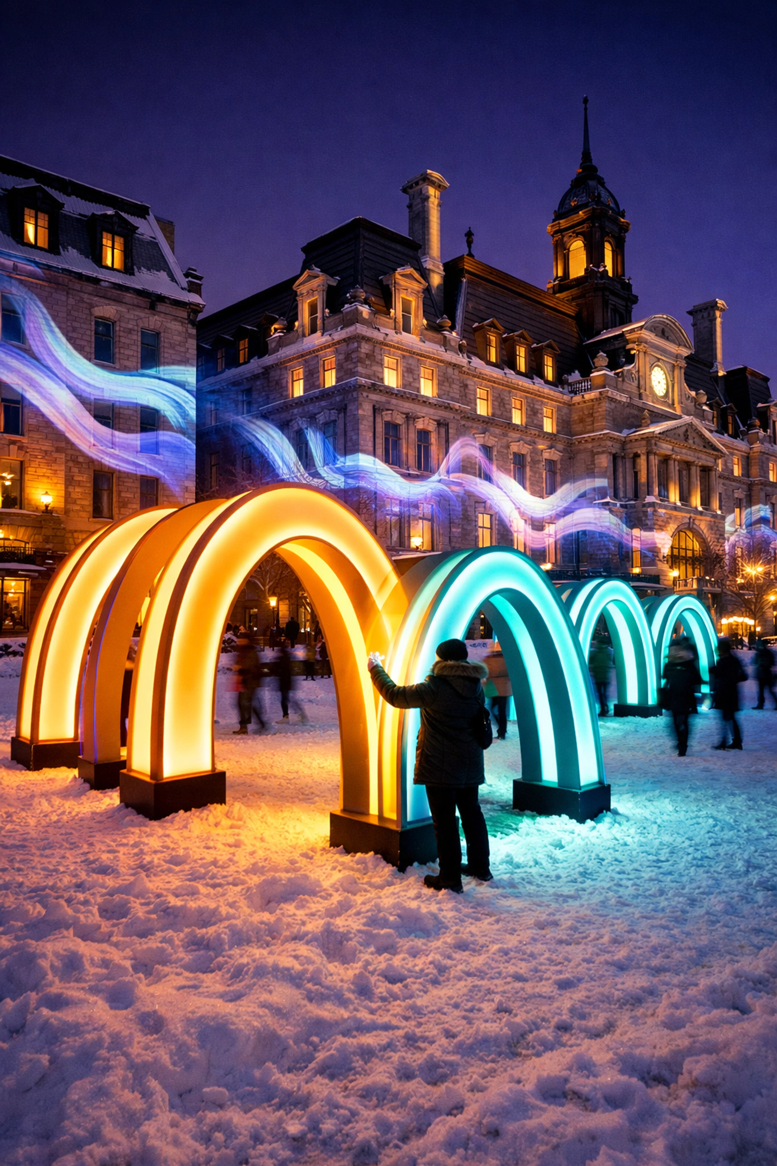 Visitors interacting with glowing light installations on the LUMINO pathway in downtown Montreal.