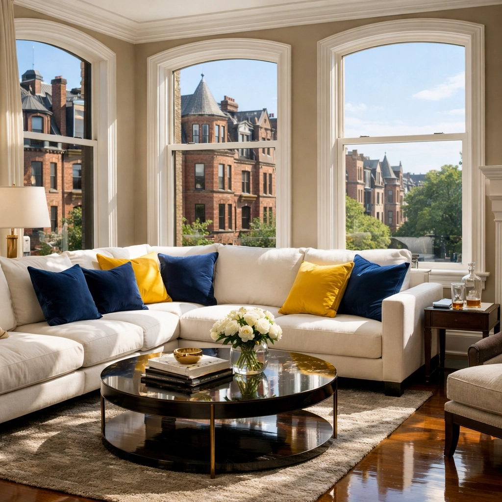 Luxury Boston brownstone living room after a professional Last Minute Cleaning Boston service for elite guests.