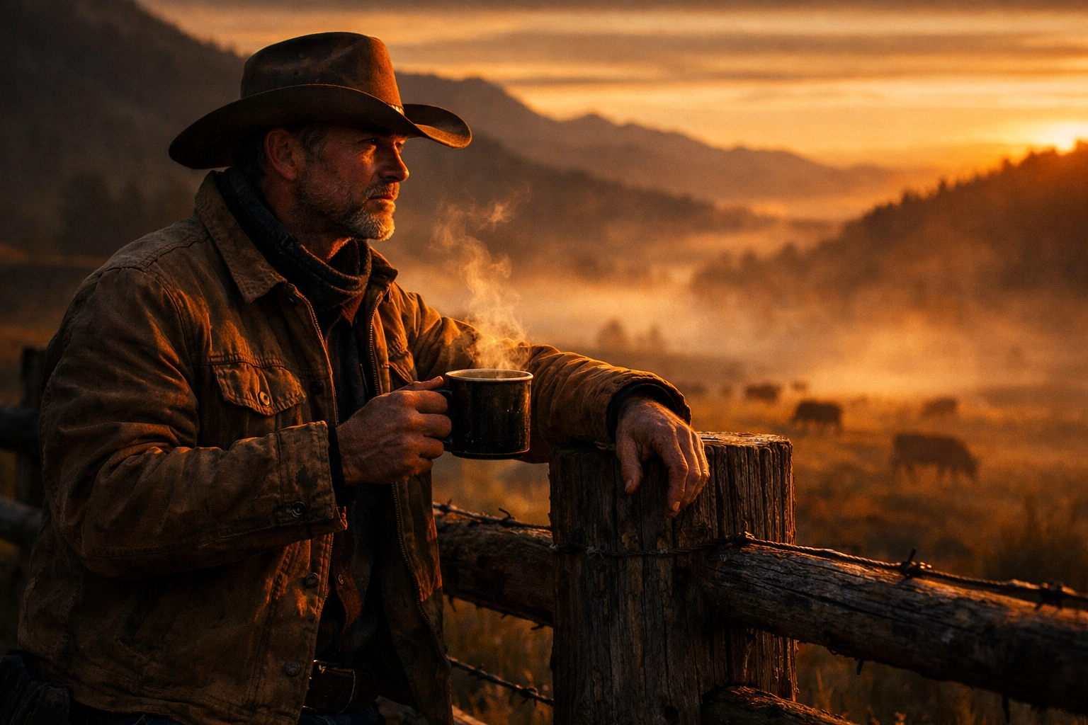 Rancher drinking functional coffee at sunrise to stay sharp and focused for the early morning grind.