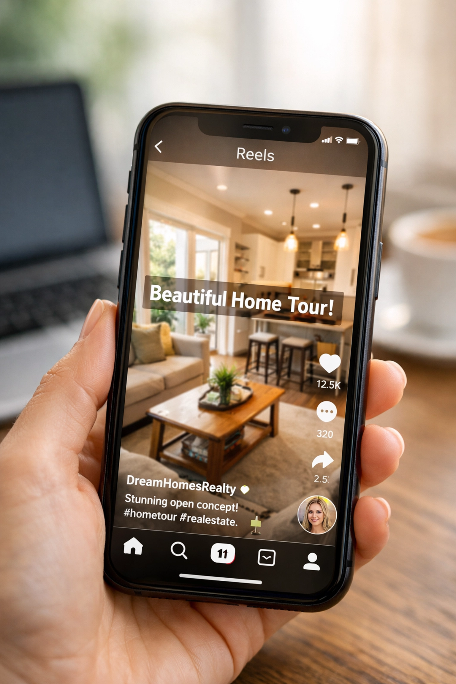 Instagram Reel displaying real estate video tour on smartphone for social media marketing