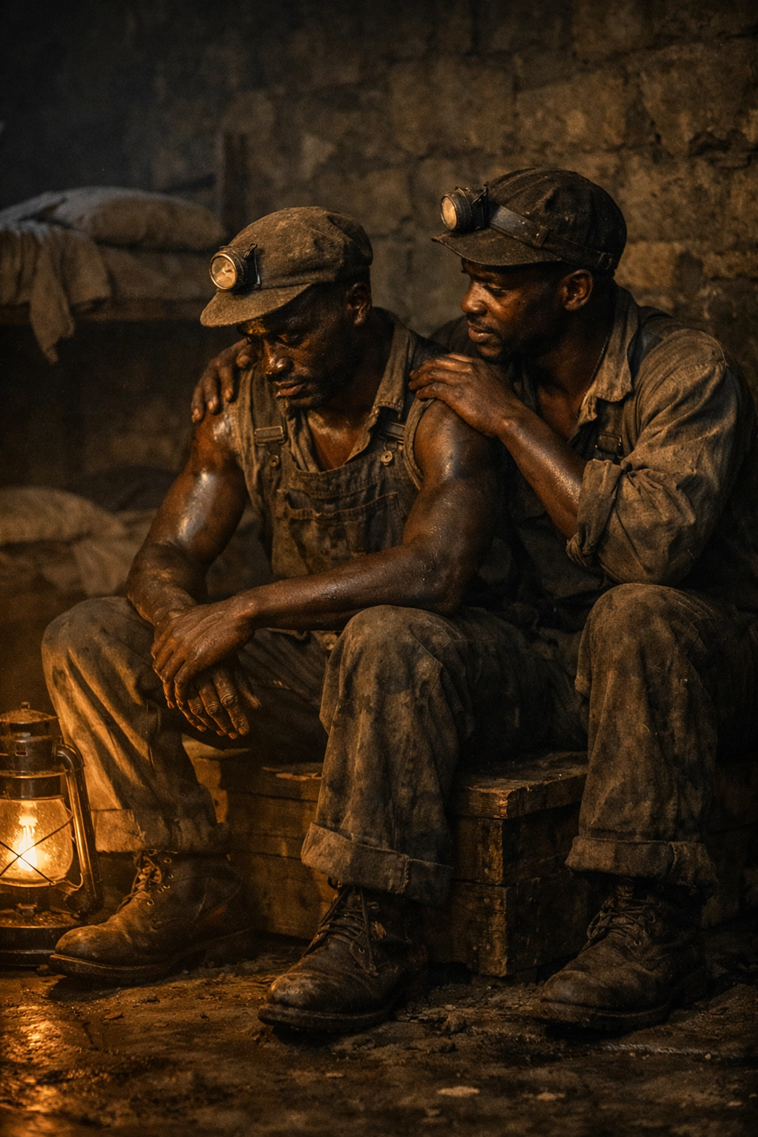 Black miners sharing a moment of connection in a historic South African mine barracks.