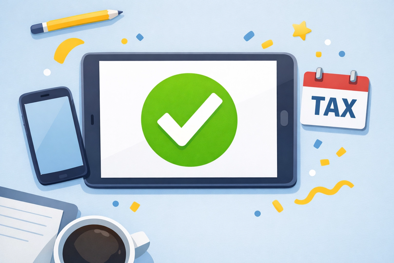 A digital tablet showing a successfully filed tax return checkmark next to a tax deadline calendar.