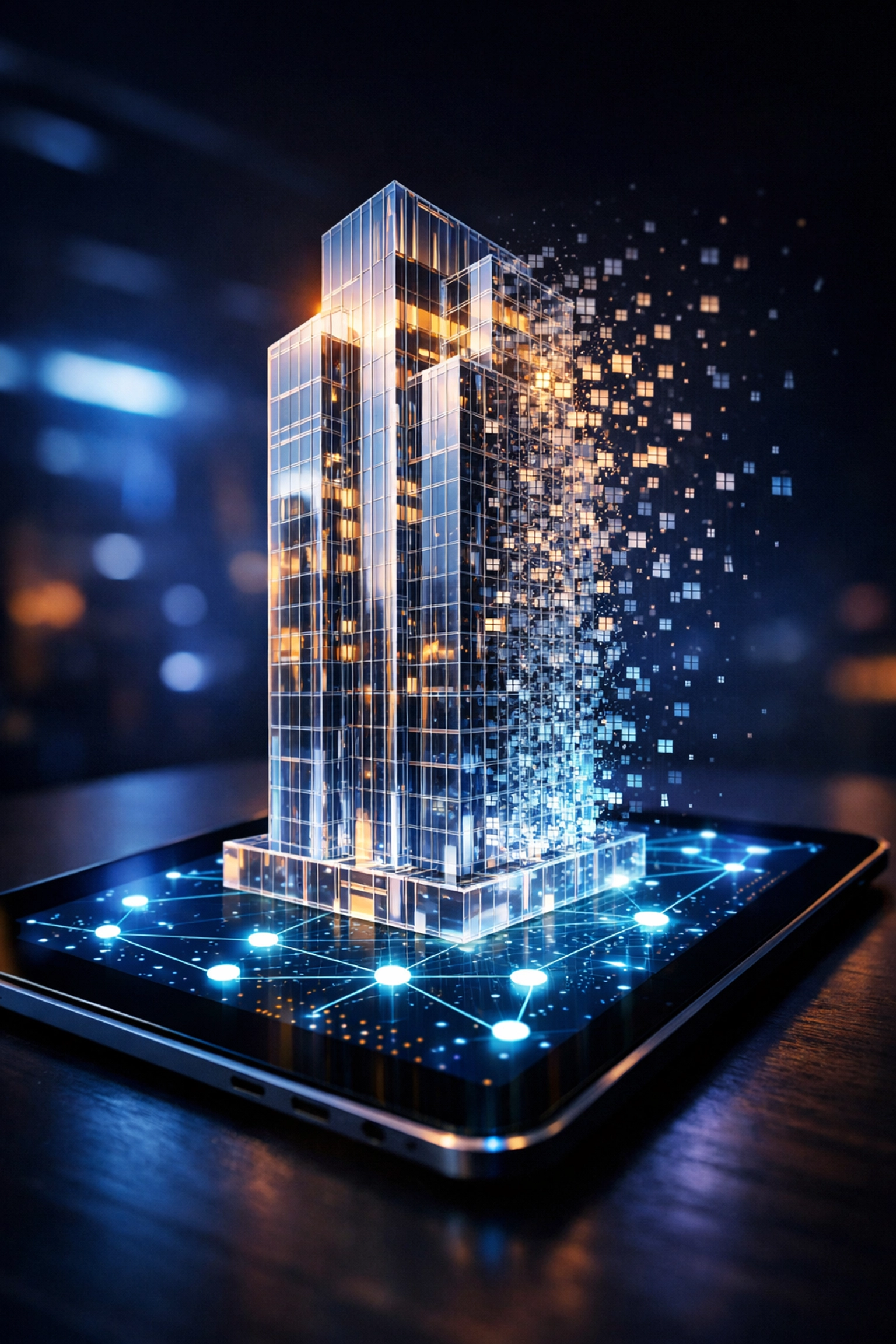 Tokenized real estate concept showing blockchain technology merging with physical property