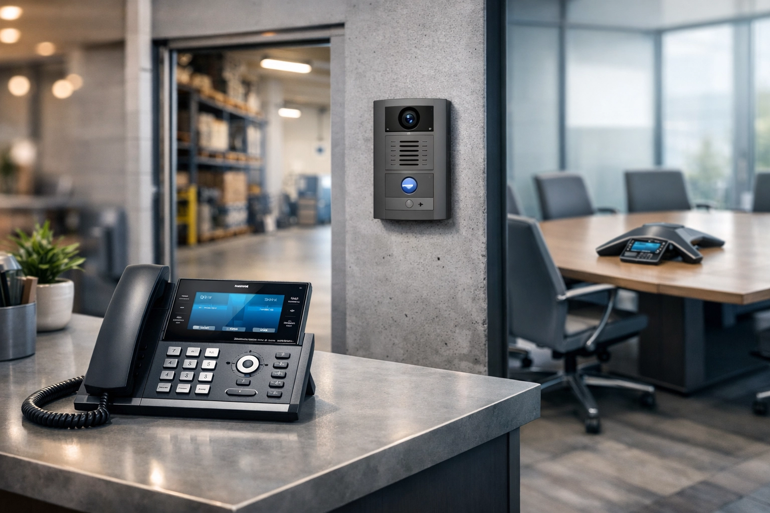 Modern business VoIP Canada endpoints including a professional IP desk phone and integrated door phone.