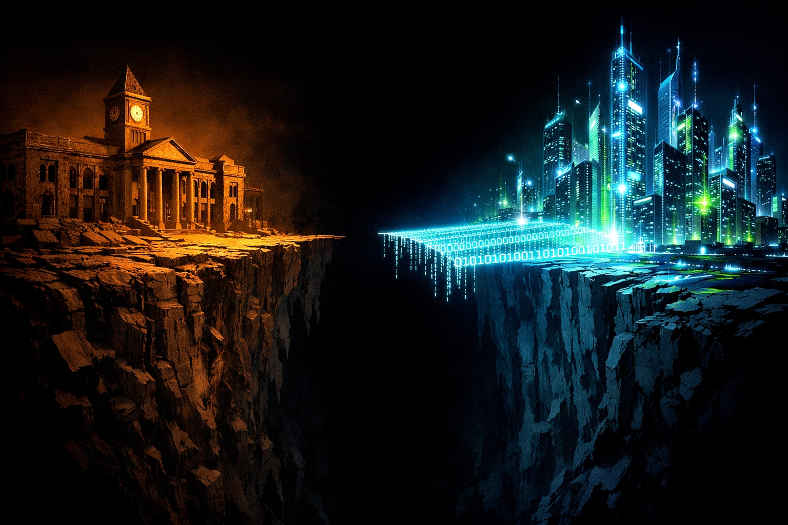 Digital chasm between traditional universities and futuristic AI automation industries.