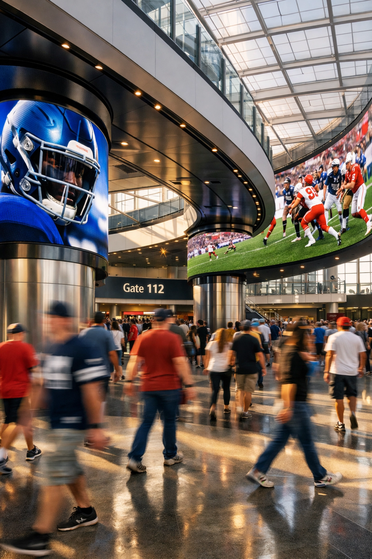 Modern stadium concourse featuring high-definition LED displays for Super Bowl 2026 advertising coverage.