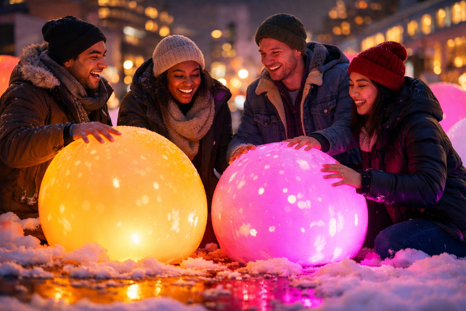 Friends interacting with glowing light installations at LUMINO in the Quartier des Spectacles.