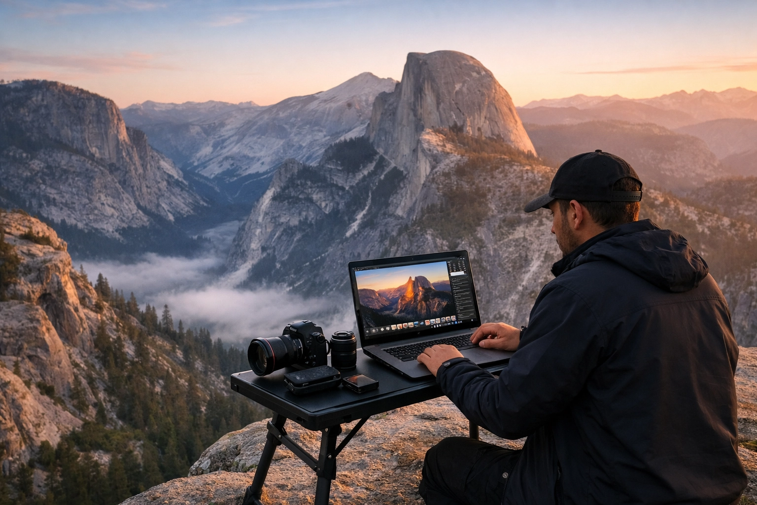 Photographer at Yosemite using a 2026 AI workflow to edit high-resolution landscape photos on a laptop.