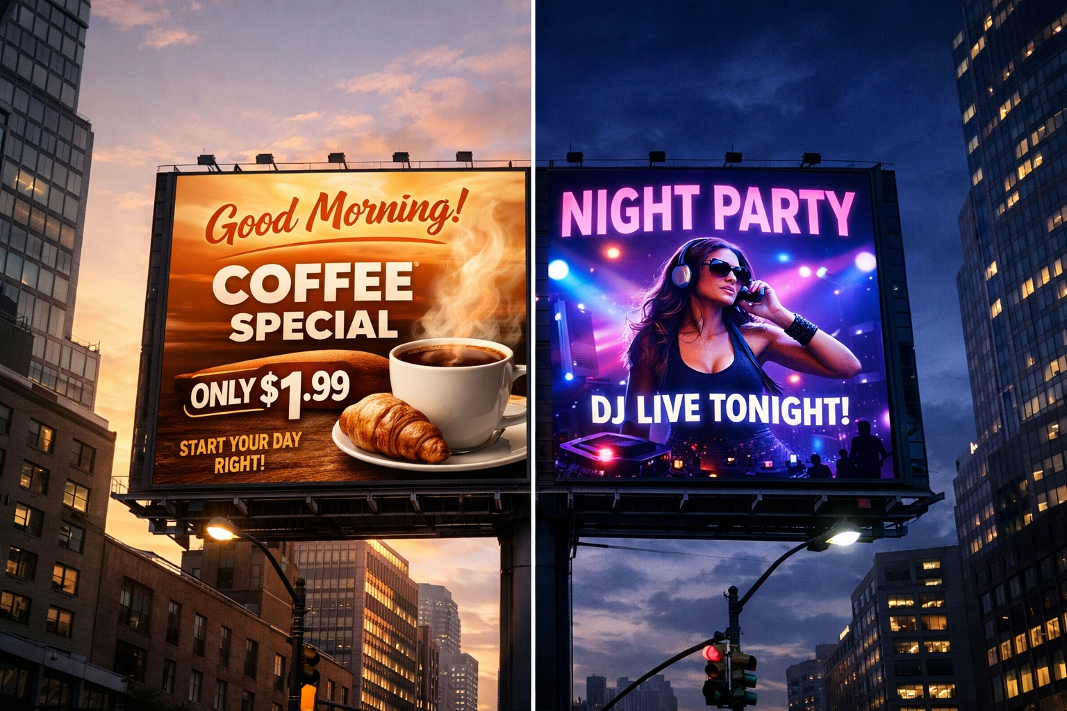 Dynamic DOOH billboard displaying different advertisements based on time of day for event-triggered campaigns