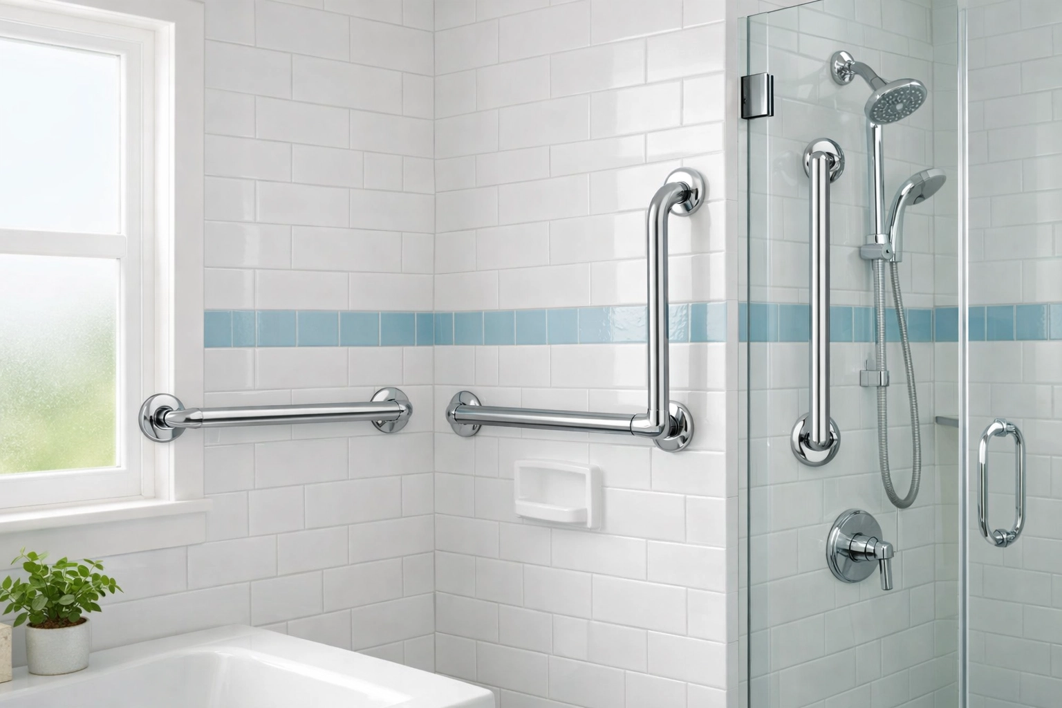 Three types of bathroom safety grab bars installed in a shower - straight, L-shaped, and vertical bars