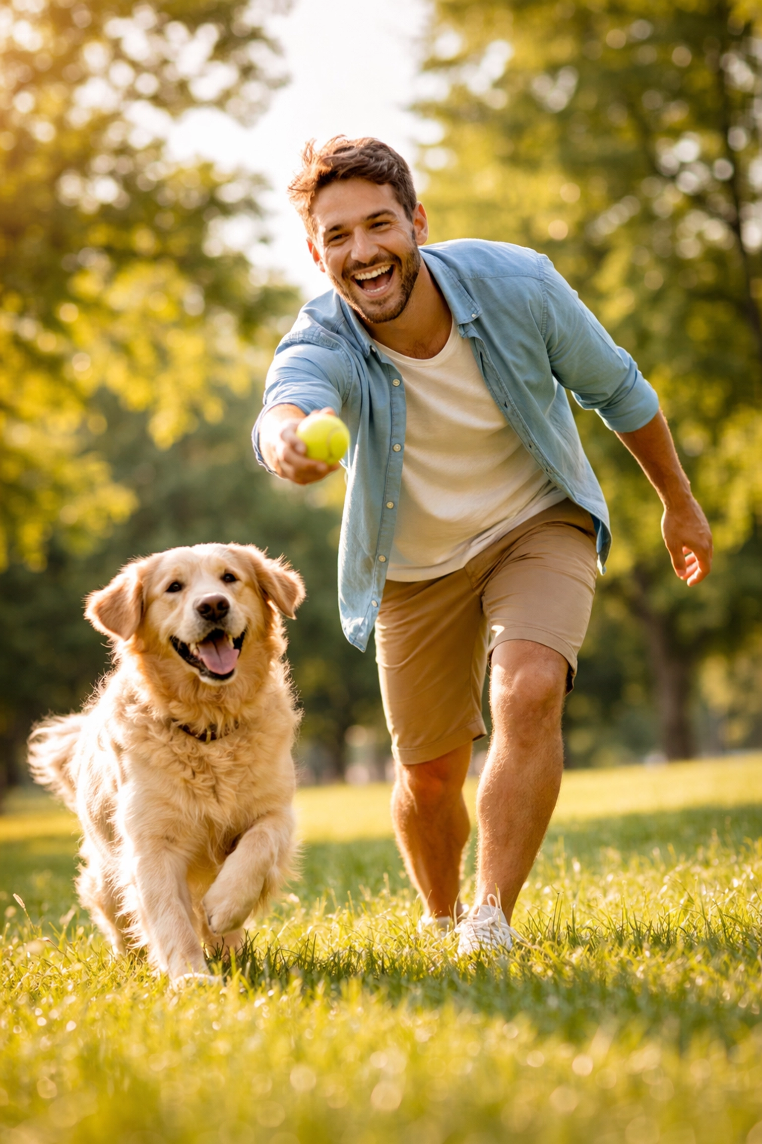 Man playing fetch with his dog in the park, showing the joy of fun, stress-free self-care activities.