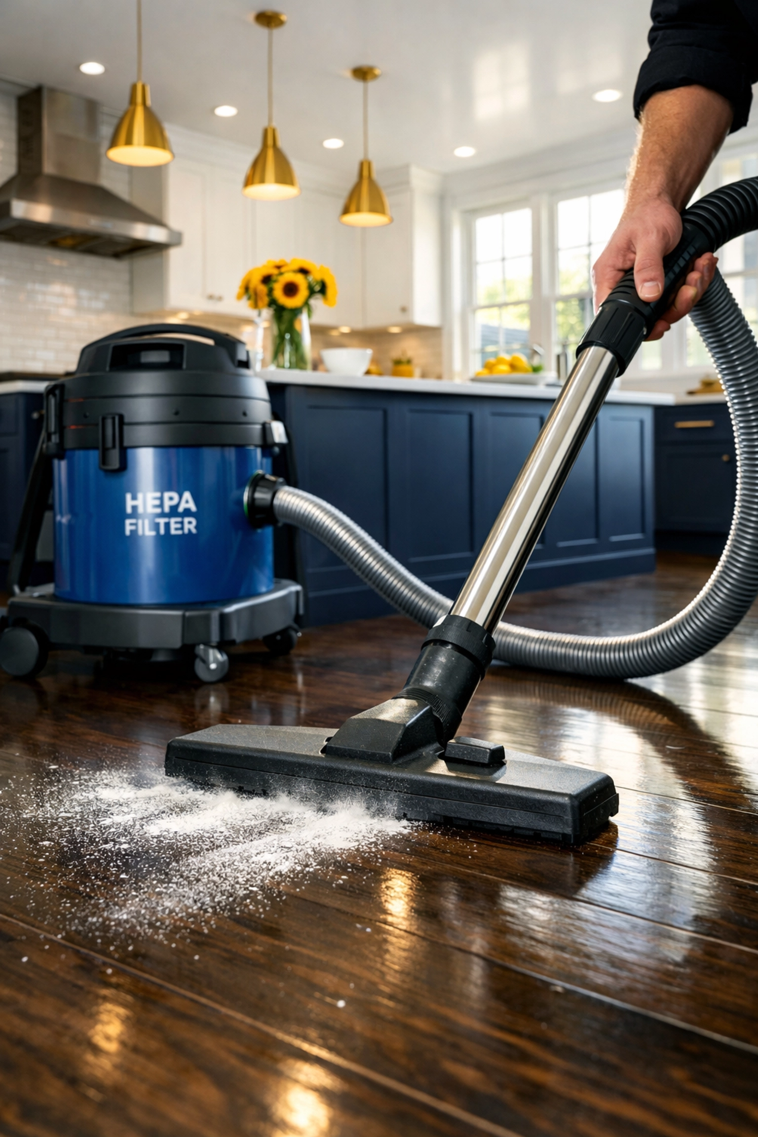 Professional post-construction cleaning MA using a HEPA vacuum to remove fine dust from renovated kitchen floors.