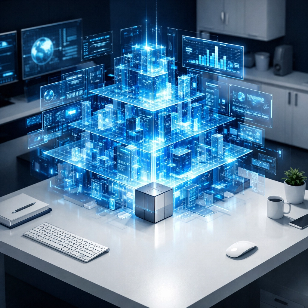Why AI Automation for Small Business Will Change the Way You Automate Business Processes 3 Holographic data panels representing how ai automation for small business scales operations efficiently.