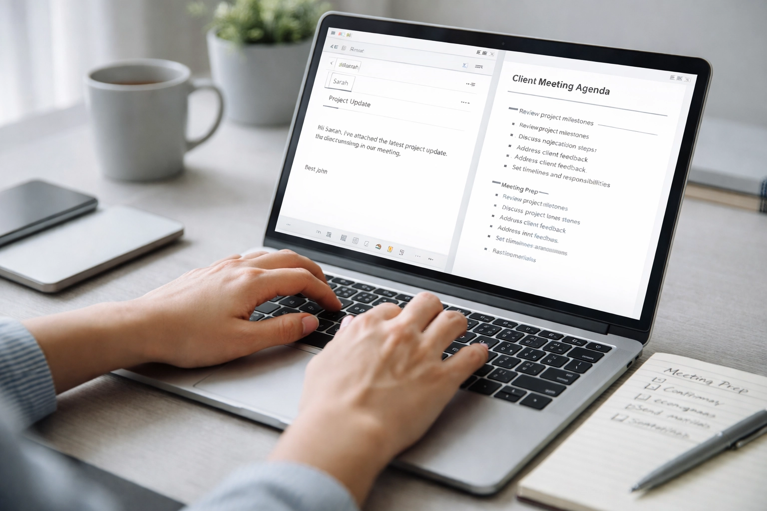 Hands typing on laptop with meeting agenda and email open, illustrating time spent on client prep and follow-up tasks.