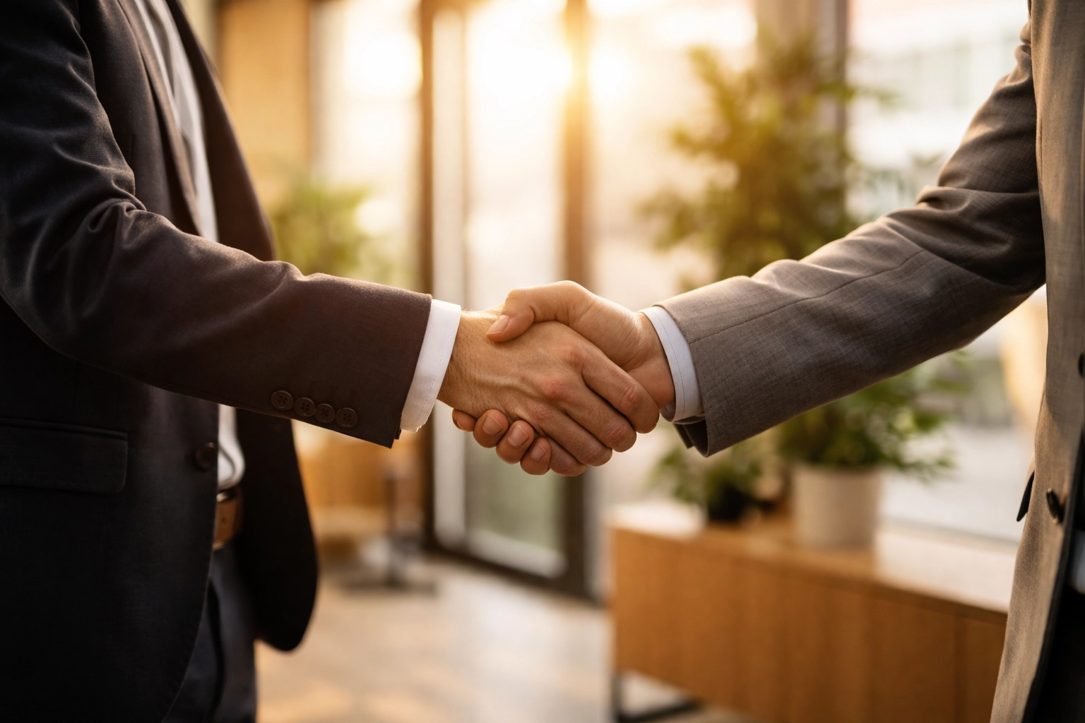 Two professionals shaking hands in a sunlit office, illustrating leadership trust and keeping promises.