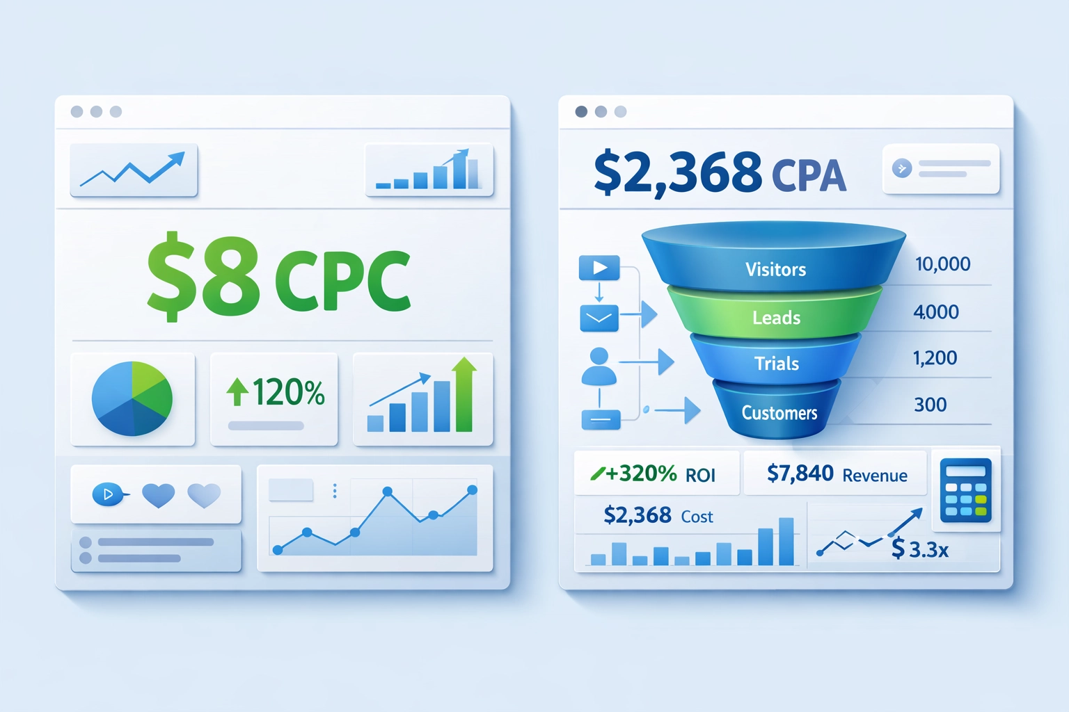 Comparison of CPC vanity metrics versus true cost per admission for rehab marketing ROI