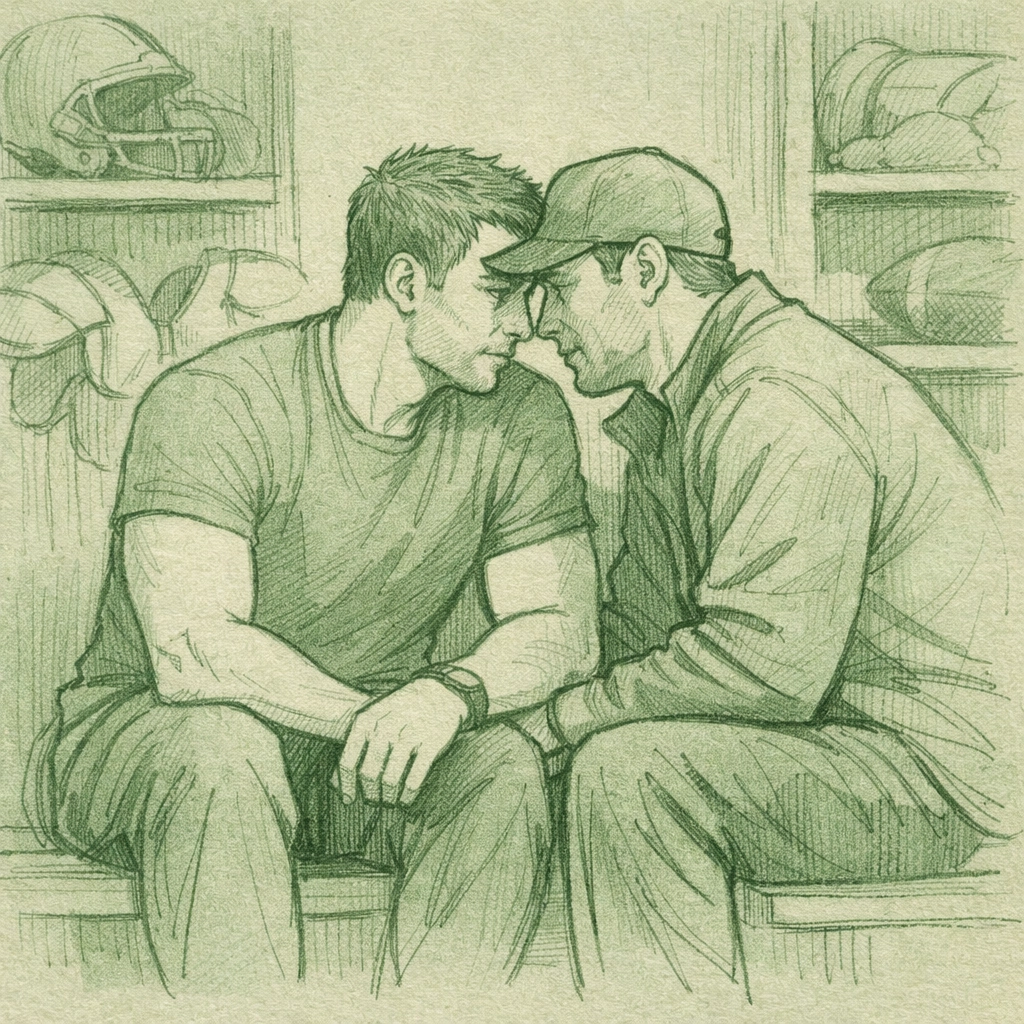 Two men embrace privately in equipment room - secret gay relationship in professional football setting