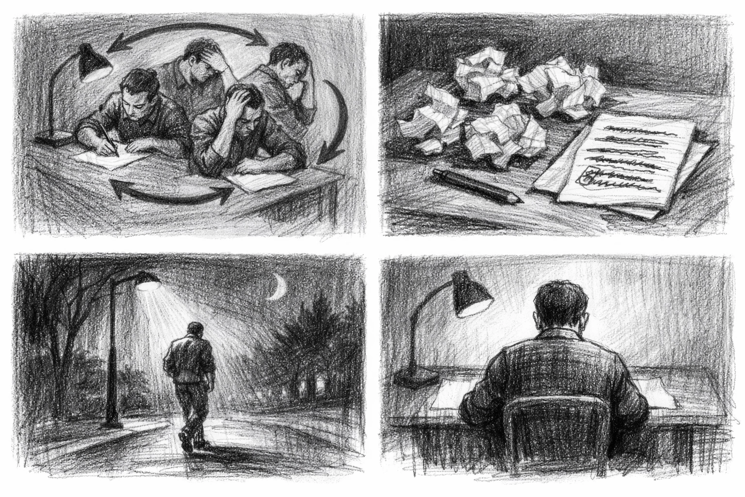 Storyboard sketch: process isn’t linear in 4 panels—write, rewrite, walk, return with a simpler solution