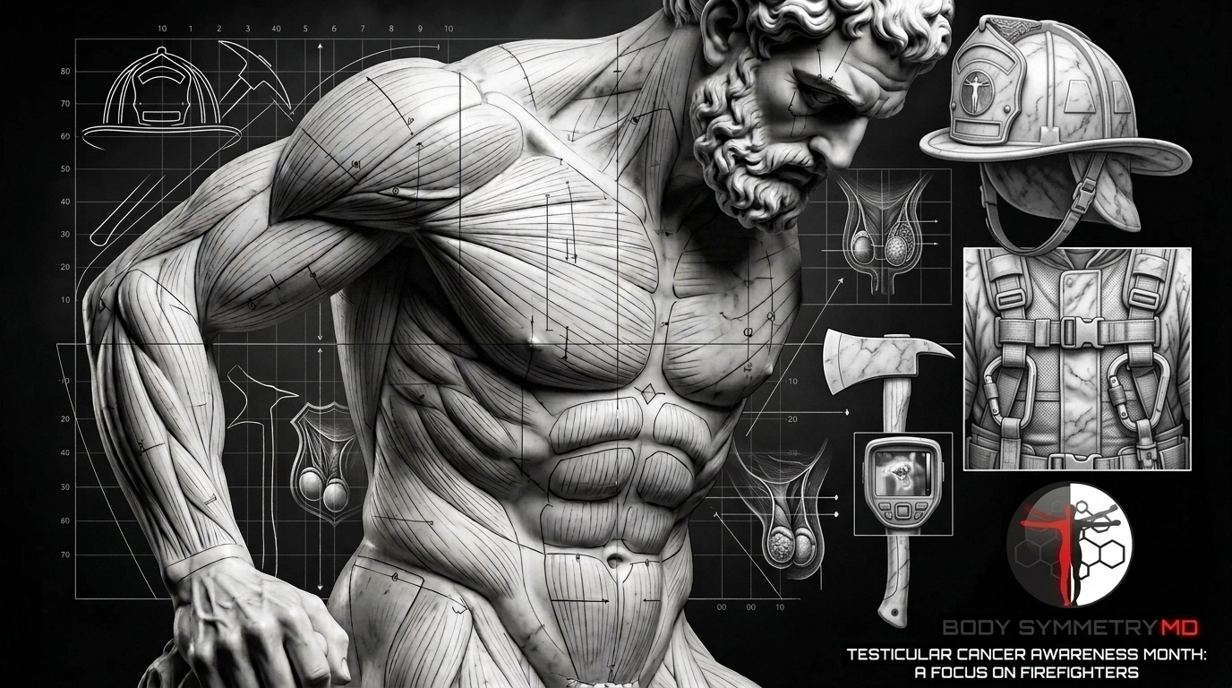 A high-contrast forensic-style image of Atlas with digital grid lines and blueprint overlays, updated to reflect male firefighters within the Body Symmetry MD master sculptor aesthetic.