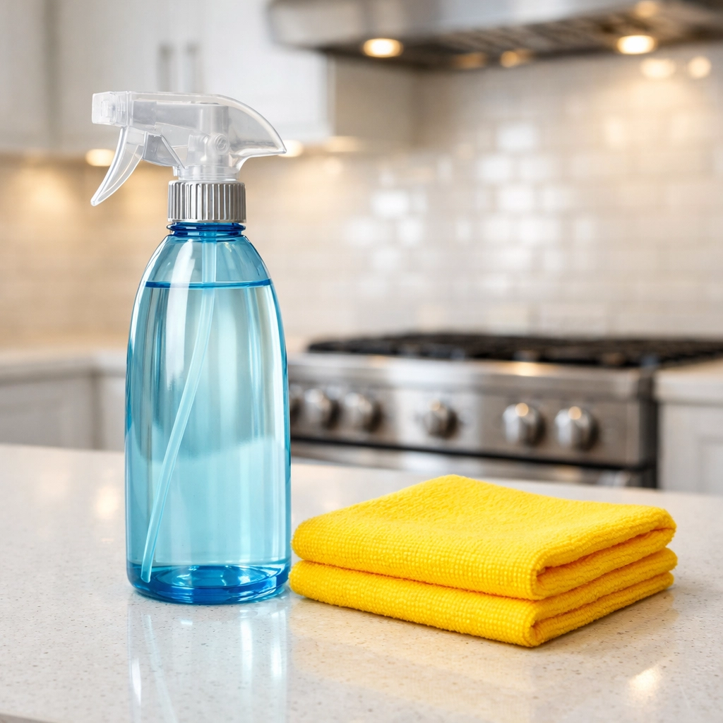 Eco-friendly cleaning supplies and a microfiber cloth on a sparkling white kitchen countertop.
