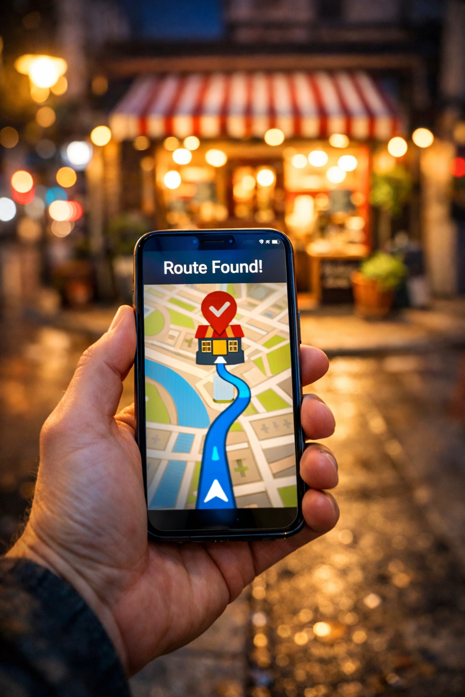Smartphone displaying GPS navigation route to a local storefront for a successful local search conversion.