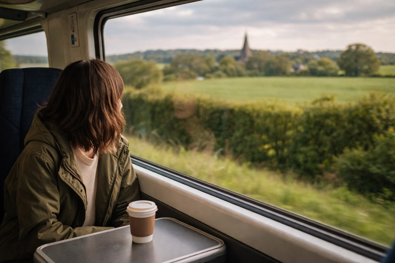 Passenger gazing out a Chiltern Railways train window at the rural Warwickshire countryside
