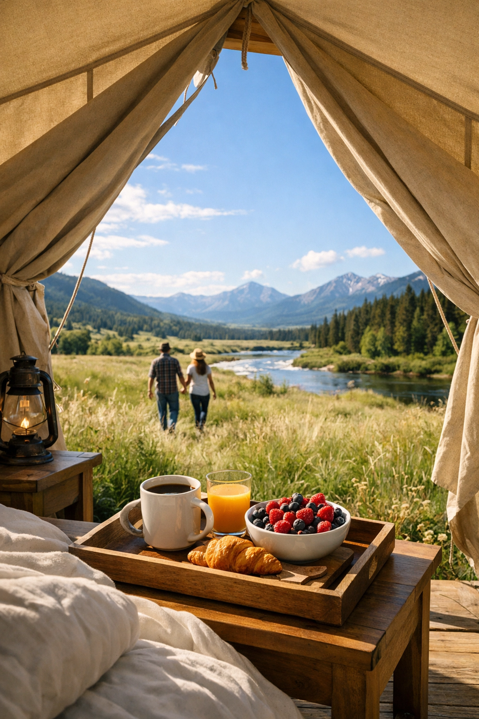 Interior of a luxury Montana glamping tent with views of a scenic mountain meadow and river in Big Sky country.