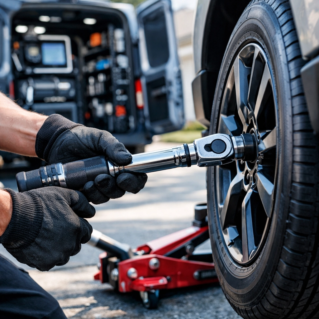 Expert mobile mechanic performing a tire rotation and brake inspection in a Green Bay driveway.
